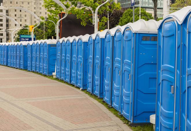 portable restrooms lined up at a marathon, ensuring runners can take a much-needed bathroom break in Auburn